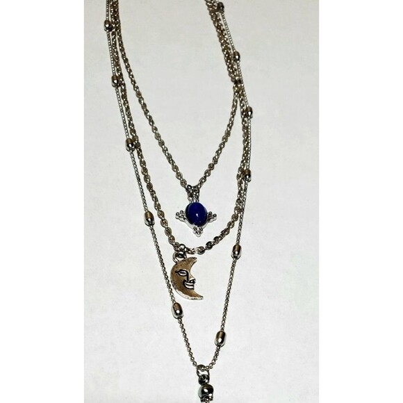 Boho celestial silver Y lariat necklace with layered moon and star charms, 12" - Picture 3 of 11